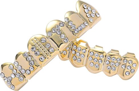 LKV Gold Grills for Your Teeth 14K Plated Teeth Grillz for Men Women Iced Out Hip Hop Poker Diamond Top & Bottom Face Grills for Teeth Rapper Costume Cosplay in Saudi Arabia