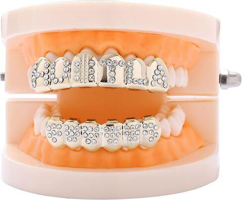 LKV Gold Grills for Your Teeth 14K Plated Teeth Grillz for Men Women Iced Out Hip Hop Poker Diamond Top & Bottom Face Grills for Teeth Rapper Costume Cosplay in Saudi Arabia