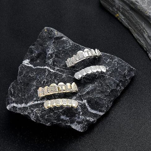LKV Gold Grills for Your Teeth 14K Plated Teeth Grillz for Men Women Iced Out Hip Hop Poker Diamond Top & Bottom Face Grills for Teeth Rapper Costume Cosplay in Saudi Arabia