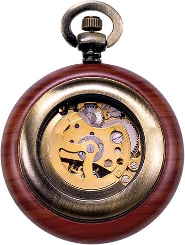 TREEWETO Vintage Wood Mechanical Pocket Watch for Men Women Steampunk Skeleton Dial with Chain + Box in Saudi Arabia