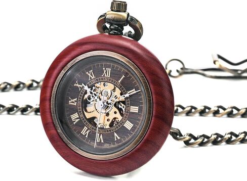 TREEWETO Vintage Wood Mechanical Pocket Watch for Men Women Steampunk Skeleton Dial with Chain + Box in Saudi Arabia