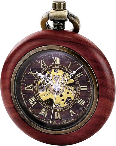 TREEWETO Vintage Wood Mechanical Pocket Watch for Men Women Steampunk Skeleton Dial with Chain + Box in Saudi Arabia