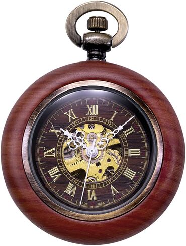 TREEWETO Vintage Wood Mechanical Pocket Watch for Men Women Steampunk Skeleton Dial with Chain + Box in Saudi Arabia