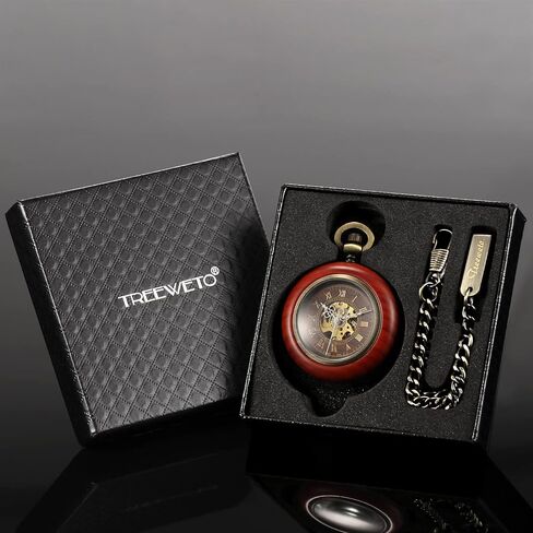 TREEWETO Vintage Wood Mechanical Pocket Watch for Men Women Steampunk Skeleton Dial with Chain + Box in Saudi Arabia