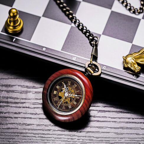 TREEWETO Vintage Wood Mechanical Pocket Watch for Men Women Steampunk Skeleton Dial with Chain + Box in Saudi Arabia
