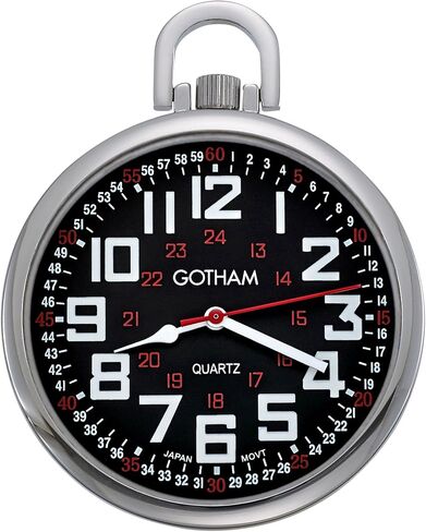 Gotham Men's Silver-Tone Slim Railroad 24 Hour Open Face Quartz Pocket Watch # GWC15029SBK in Saudi Arabia