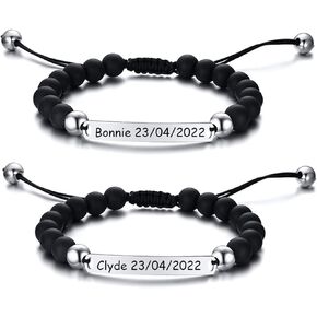 Womens Mens Strand Beads Bracelets,His Hers Stainless Steel Bar Bracelet,Black Onyx Beads White Turquoise,with Custom Engraving,Bracelets for Couple in Saudi Arabia