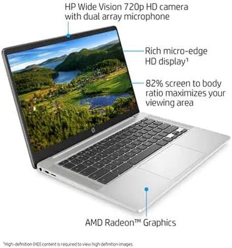 2022 Newest HP Chromebook Laptop, 14" HD Screen, AMD 3015Ce Processor, 4GB RAM, 32GB eMMC Flash Memory, Webcam, WiFi, Bluetooth, Fast Charge, Chrome OS, Mineral Silver in Saudi Arabia