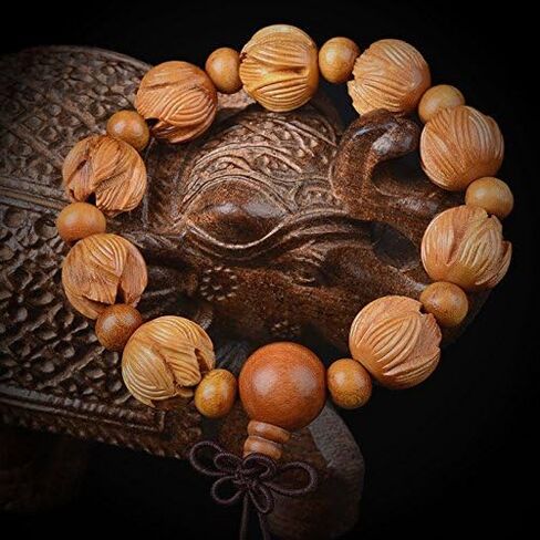 JAJAFOOK Unisex's Peach Wood Lotus Carving Beads Bodhi Tibetan Buddhist Prayer Wrist Mala Bracelet in Saudi Arabia