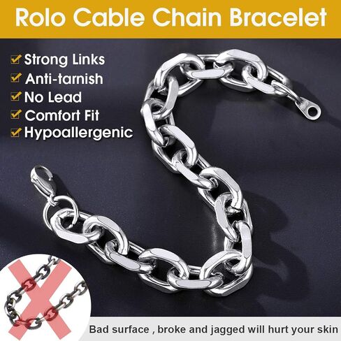 ChainsHouse Rolo Cable Chain Link Bracelet for Men Women, 7mm/9mm/12mm Width, 7.5/8.3" Length, 316L Stainless Steel/18K Gold Tone/Black (Send Gift Box) in Kuwait