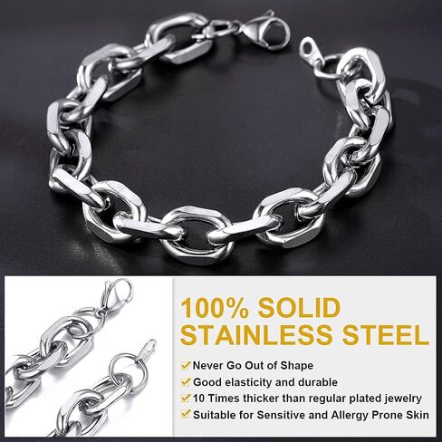 ChainsHouse Rolo Cable Chain Link Bracelet for Men Women, 7mm/9mm/12mm Width, 7.5/8.3" Length, 316L Stainless Steel/18K Gold Tone/Black (Send Gift Box) in Kuwait