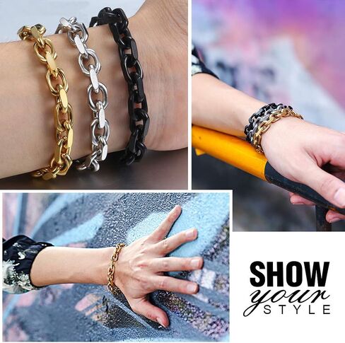 ChainsHouse Rolo Cable Chain Link Bracelet for Men Women, 7mm/9mm/12mm Width, 7.5/8.3" Length, 316L Stainless Steel/18K Gold Tone/Black (Send Gift Box) in Kuwait
