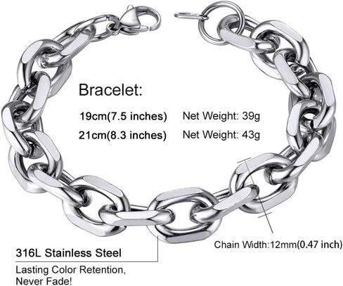 ChainsHouse Rolo Cable Chain Link Bracelet for Men Women, 7mm/9mm/12mm Width, 7.5/8.3" Length, 316L Stainless Steel/18K Gold Tone/Black (Send Gift Box) in Kuwait