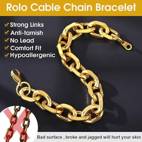 ChainsHouse Rolo Cable Chain Link Bracelet for Men Women, 7mm/9mm/12mm Width, 7.5/8.3" Length, 316L Stainless Steel/18K Gold Tone/Black (Send Gift Box) in Kuwait