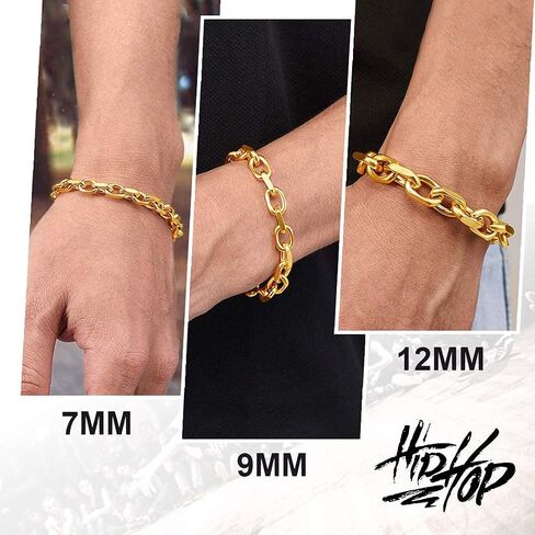 ChainsHouse Rolo Cable Chain Link Bracelet for Men Women, 7mm/9mm/12mm Width, 7.5/8.3" Length, 316L Stainless Steel/18K Gold Tone/Black (Send Gift Box) in Kuwait