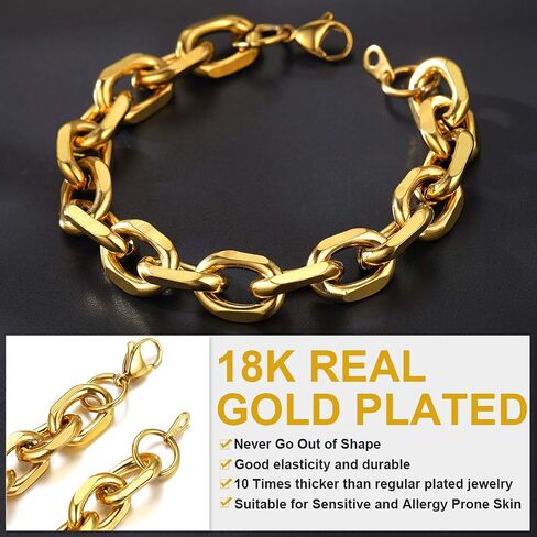 ChainsHouse Rolo Cable Chain Link Bracelet for Men Women, 7mm/9mm/12mm Width, 7.5/8.3" Length, 316L Stainless Steel/18K Gold Tone/Black (Send Gift Box) in Kuwait