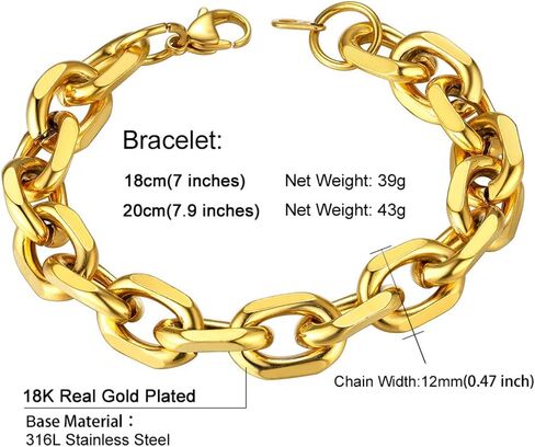 ChainsHouse Rolo Cable Chain Link Bracelet for Men Women, 7mm/9mm/12mm Width, 7.5/8.3" Length, 316L Stainless Steel/18K Gold Tone/Black (Send Gift Box) in Kuwait