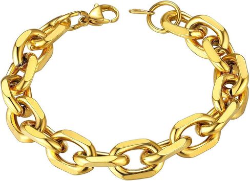 ChainsHouse Rolo Cable Chain Link Bracelet for Men Women, 7mm/9mm/12mm Width, 7.5/8.3" Length, 316L Stainless Steel/18K Gold Tone/Black (Send Gift Box) in Kuwait