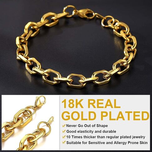 ChainsHouse Rolo Cable Chain Link Bracelet for Men Women, 7mm/9mm/12mm Width, 7.5/8.3" Length, 316L Stainless Steel/18K Gold Tone/Black (Send Gift Box) in Kuwait