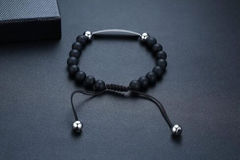 Womens Mens Strand Beads Bracelets,His Hers Stainless Steel Bar Bracelet,Black Onyx Beads White Turquoise,with Custom Engraving,Bracelets for Couple in Saudi Arabia
