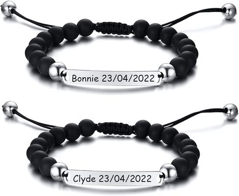 Womens Mens Strand Beads Bracelets,His Hers Stainless Steel Bar Bracelet,Black Onyx Beads White Turquoise,with Custom Engraving,Bracelets for Couple in Saudi Arabia