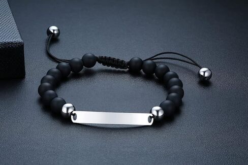 Womens Mens Strand Beads Bracelets,His Hers Stainless Steel Bar Bracelet,Black Onyx Beads White Turquoise,with Custom Engraving,Bracelets for Couple in Saudi Arabia