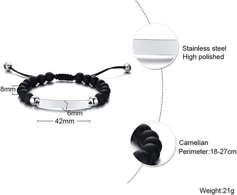 Womens Mens Strand Beads Bracelets,His Hers Stainless Steel Bar Bracelet,Black Onyx Beads White Turquoise,with Custom Engraving,Bracelets for Couple in Saudi Arabia