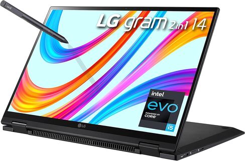 LG Gram 14T90P - كمبيوتر محمول 14 بوصة WUXGA (1920x1200) 2 في 1 خفيف الوزن بشاشة تعمل باللمس، Intel evo مع الجيل الحادي عشر من وحدة المعالجة المركزية Core i5، وذاكرة الوصول العشوائي 8 جيجابايت، و256 جيجابايت SSD، وبطارية 24.5 ساعة، Thunderbolt 4، أسود - 2 in Saudi Arabia