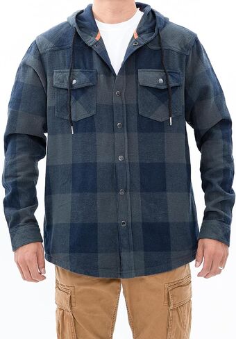 Men's Hooded Plaid Flannel Shirt Jacket Snap Button Flannel Hoodie with Hand Pockets(Not Paper Thin) in Saudi Arabia