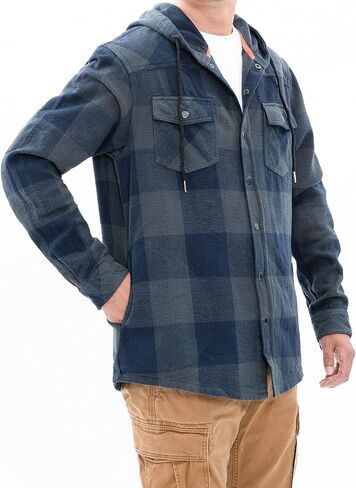Men's Hooded Plaid Flannel Shirt Jacket Snap Button Flannel Hoodie with Hand Pockets(Not Paper Thin) in Saudi Arabia