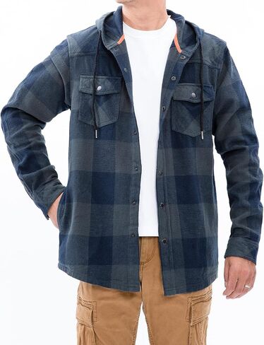 Men's Hooded Plaid Flannel Shirt Jacket Snap Button Flannel Hoodie with Hand Pockets(Not Paper Thin) in Saudi Arabia