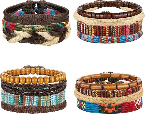 LOYALLOOK 15pcs Men Women Linen Hemp Cords Wood Beads Ethnic Tribal Bracelets Leather Wristbands in Saudi Arabia