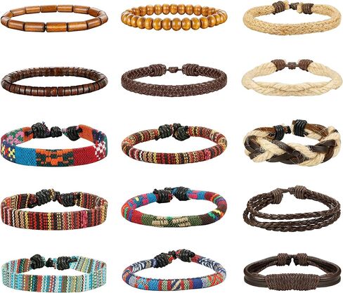 LOYALLOOK 15pcs Men Women Linen Hemp Cords Wood Beads Ethnic Tribal Bracelets Leather Wristbands in Saudi Arabia