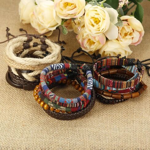 LOYALLOOK 15pcs Men Women Linen Hemp Cords Wood Beads Ethnic Tribal Bracelets Leather Wristbands in Saudi Arabia