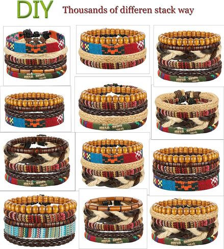 LOYALLOOK 15pcs Men Women Linen Hemp Cords Wood Beads Ethnic Tribal Bracelets Leather Wristbands in Saudi Arabia