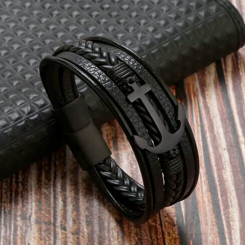 Jewbelet Mens Leather Bracelet with Clasp Cowhide Multi-Layer Braided Leather Mens Bracelet in Saudi Arabia