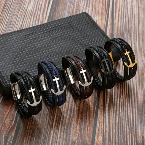 Jewbelet Mens Leather Bracelet with Clasp Cowhide Multi-Layer Braided Leather Mens Bracelet in Saudi Arabia