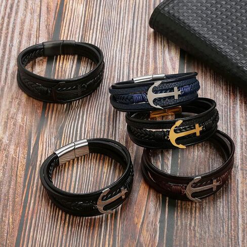 Jewbelet Mens Leather Bracelet with Clasp Cowhide Multi-Layer Braided Leather Mens Bracelet in Saudi Arabia