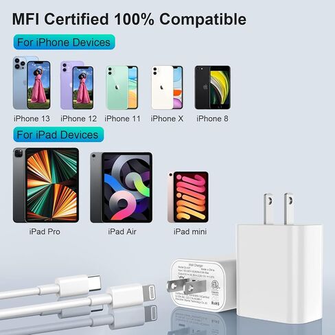 [Apple MFi Certified] Wall Charger for iPhone 14 13 12 11 (X XS XR Plus Pro Max) iPad, 6ft Type C to Lightning Cable Cord & USBC Super Fast Charging Rapid Block, 2 Pack, Quick USB Box Plug Cube Brick in Kuwait