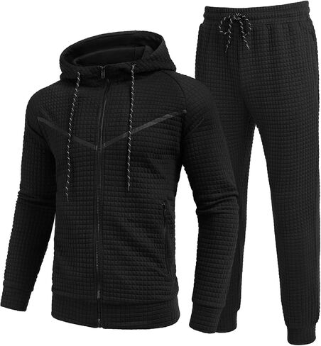 COOFANDY Men's Sweatsuits Suit 2 Piece Hooded Jogging Suits Plaid Full Zip Tracksuit with Pockets Casual Athletic Black in Saudi Arabia