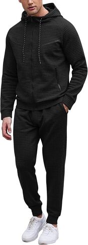 COOFANDY Men's Sweatsuits Suit 2 Piece Hooded Jogging Suits Plaid Full Zip Tracksuit with Pockets Casual Athletic Black in Saudi Arabia