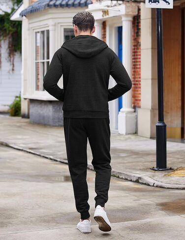 COOFANDY Men's Sweatsuits Suit 2 Piece Hooded Jogging Suits Plaid Full Zip Tracksuit with Pockets Casual Athletic Black in Saudi Arabia