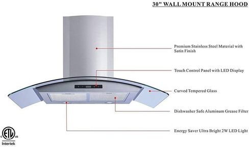 Winflo 30 In. Convertible Stainless Steel/Glass Wall Mount Range Hood with Mesh Filters and Touch Sensor Control in Saudi Arabia