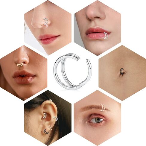 FUNLMO 20G 18G 16G حلقة ثلاثية/مزدوجة لحاجز الأنف 316L من الفولاذ الجراحي محارة Daith Helix Nose Rook Tragus Piercing Jewelry الشفاه الدائري للنساء والرجال in Kuwait