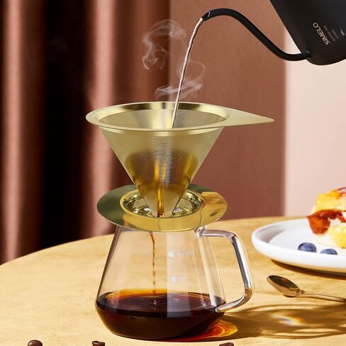 LHS Pour Over Coffee Dripper Stainless Steel Coffee Filter Metal Cone Filter Paperless Reusable Coffee Filter Single Cup Coffee Maker 1-2 Cup With Non-slip Cup Stand and Cleaning Brush in Kuwait