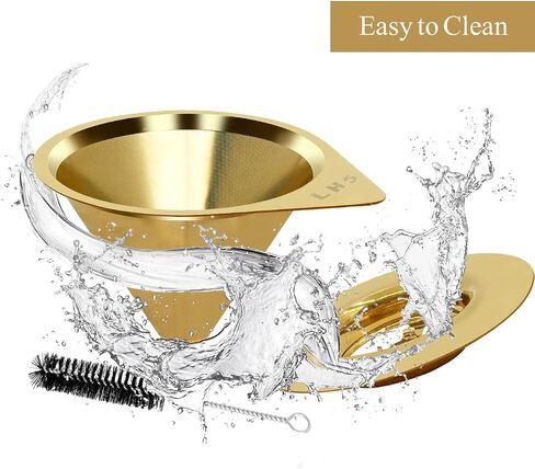 LHS Pour Over Coffee Dripper Stainless Steel Coffee Filter Metal Cone Filter Paperless Reusable Coffee Filter Single Cup Coffee Maker 1-2 Cup With Non-slip Cup Stand and Cleaning Brush in Kuwait