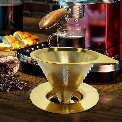 LHS Pour Over Coffee Dripper Stainless Steel Coffee Filter Metal Cone Filter Paperless Reusable Coffee Filter Single Cup Coffee Maker 1-2 Cup With Non-slip Cup Stand and Cleaning Brush in Kuwait