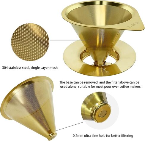 LHS Pour Over Coffee Dripper Stainless Steel Coffee Filter Metal Cone Filter Paperless Reusable Coffee Filter Single Cup Coffee Maker 1-2 Cup With Non-slip Cup Stand and Cleaning Brush in Kuwait
