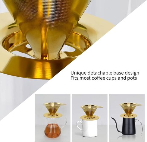 LHS Pour Over Coffee Dripper Stainless Steel Coffee Filter Metal Cone Filter Paperless Reusable Coffee Filter Single Cup Coffee Maker 1-2 Cup With Non-slip Cup Stand and Cleaning Brush in Kuwait