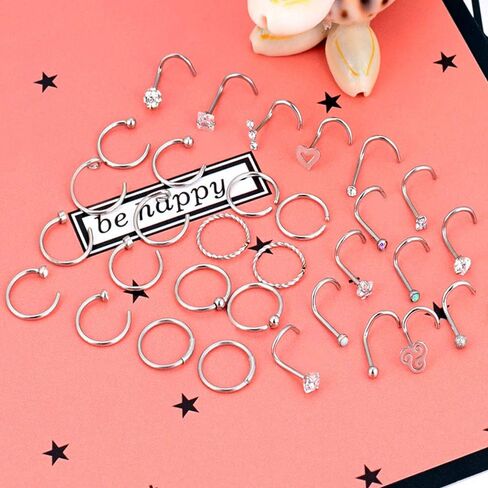 Longbeauty 32Pcs C-Shaped Nose Ring L-Shaped Nose Studs Bone Tragus Cartilage Hoop Rings Piercings 20g for Men Women in Kuwait